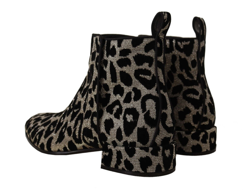 Silver Black Leopard Zipper Short Boots Shoes