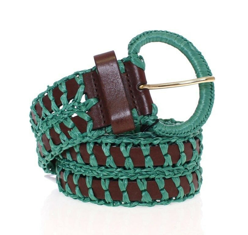 Green Raffia Woven Waist Leather Wide Belt