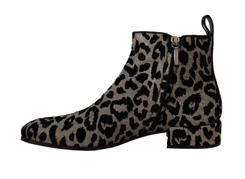 Silver Black Leopard Zipper Short Boots Shoes