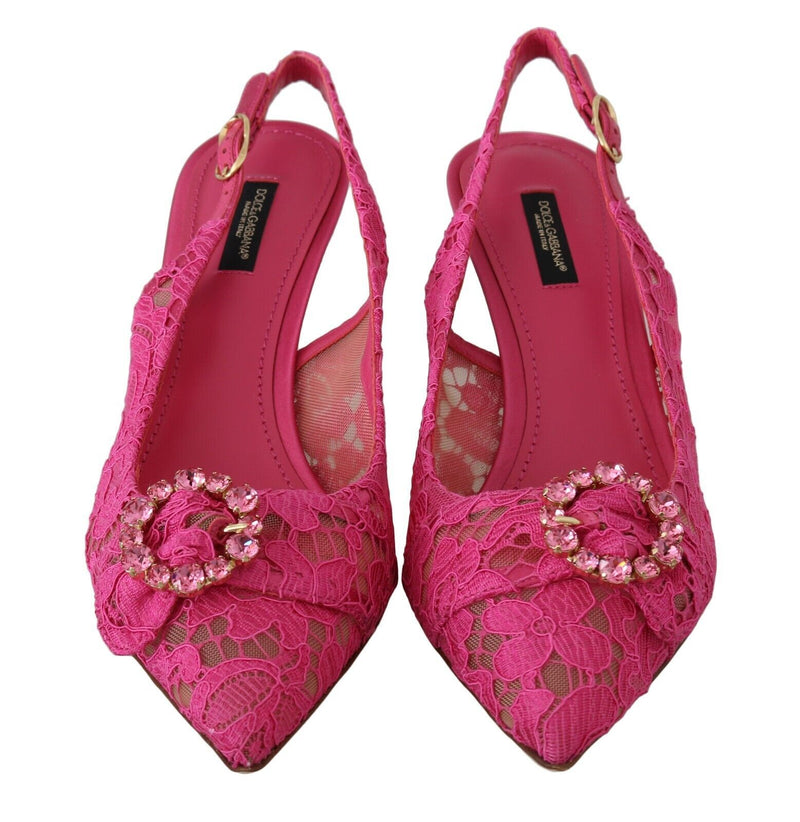 Pink Lace Heels Crystals Slingback Shoes