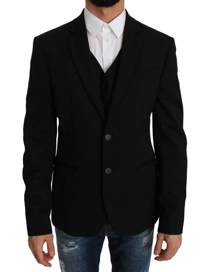 Black Virgin Wool Jacket Vest Slim Blazer