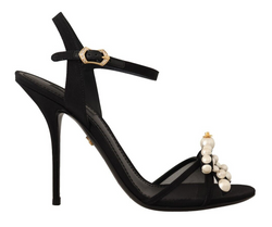 Black Keira Sandals Faux Pearl Ankle Strap Shoes