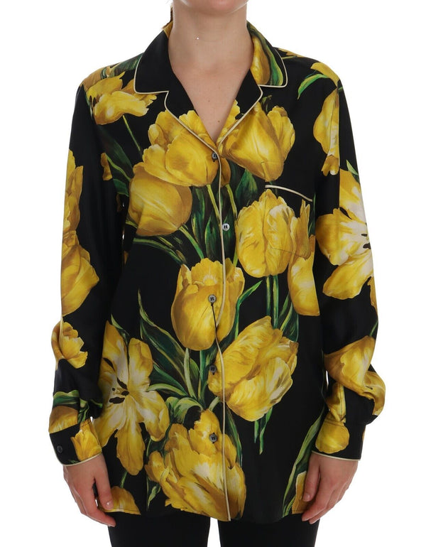 Black Yellow Floral Long Sleeves Pajama Shirt Top