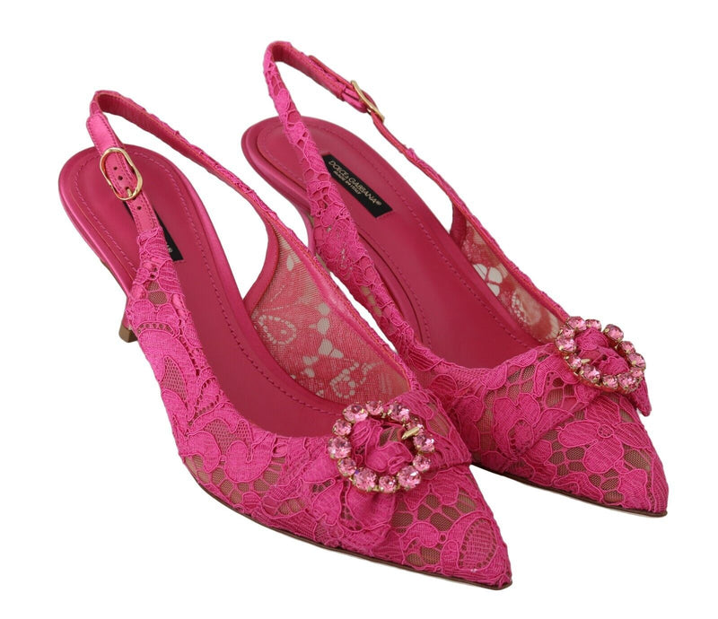 Pink Lace Heels Crystals Slingback Shoes