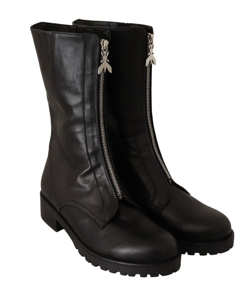 Black Leather High Boots Front Zip Closure Shoes