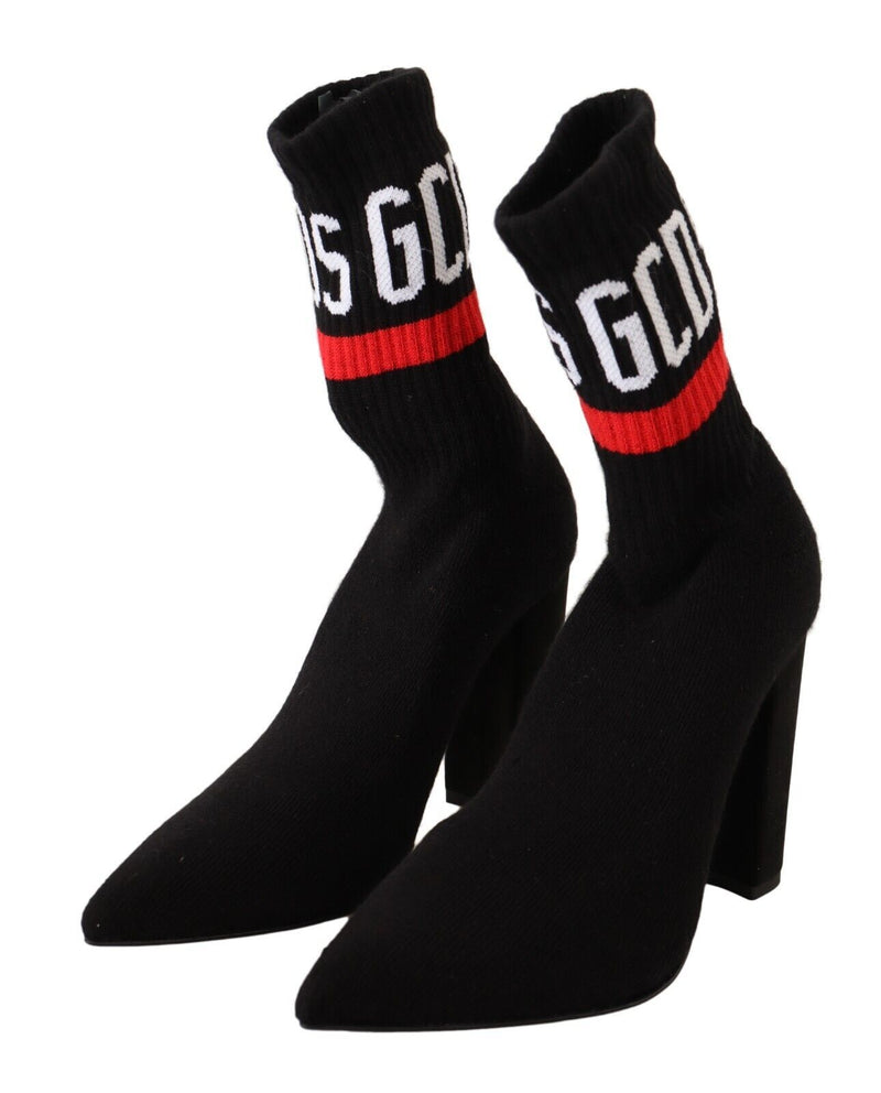 Black Suede Logo Socks Block Heel Ankle Boots Shoes