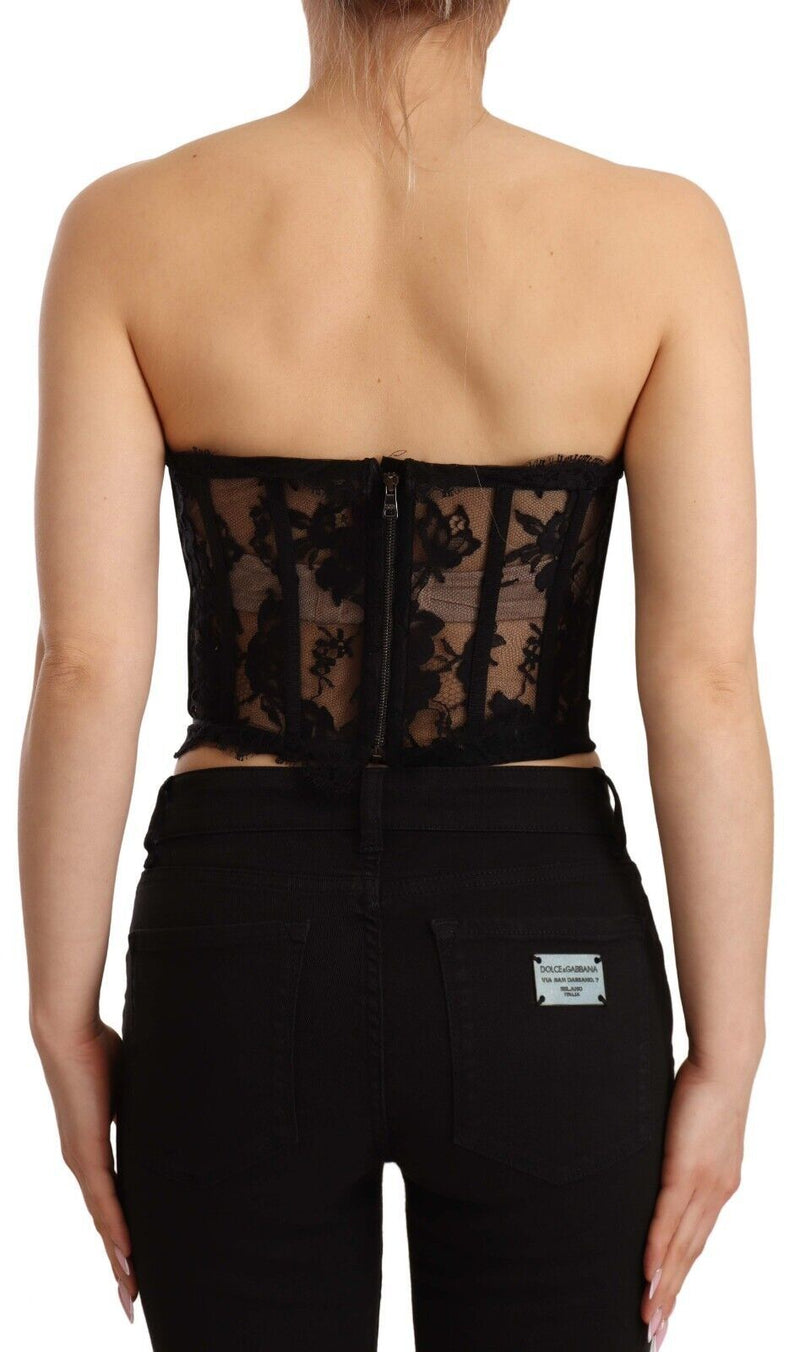 Black Open Work Corset Cotton Lace Bustier Top