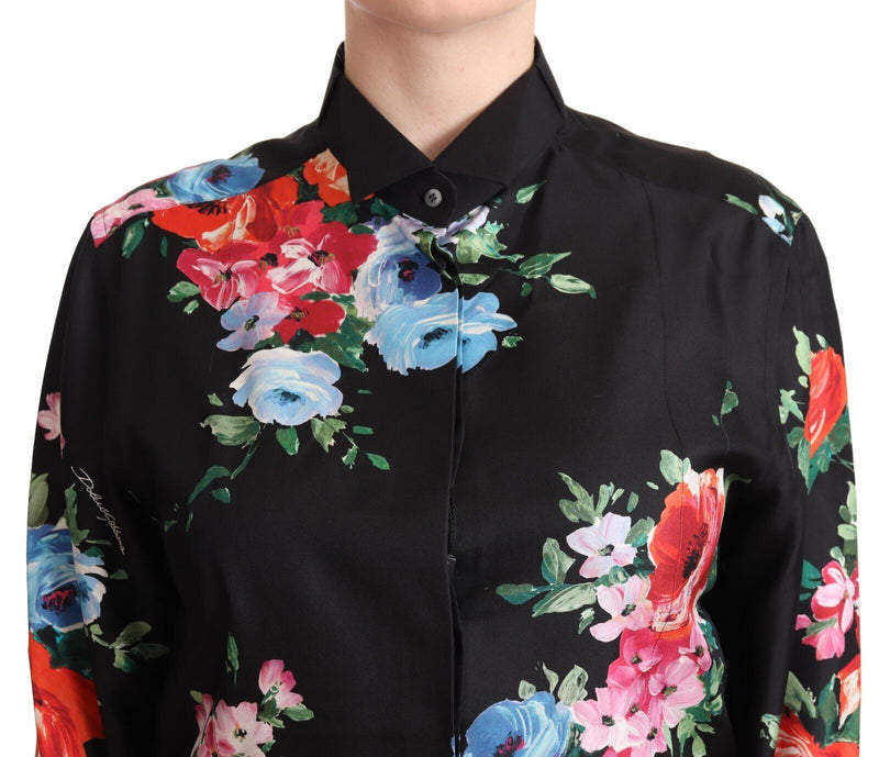 Black Floral Print Collared Polo Blouse Top