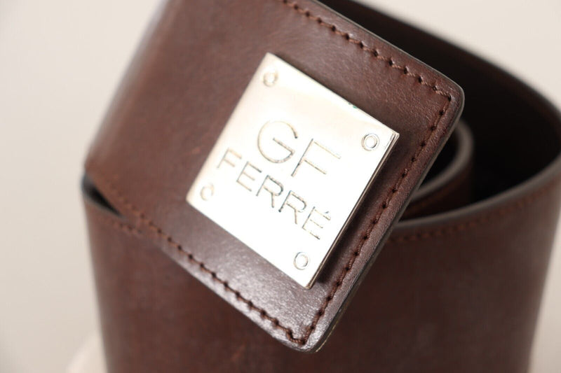 Brown Genuine Leather Wide Logo Buckle Waist Belt