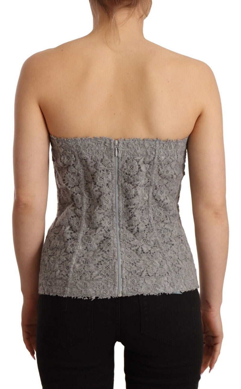 Gray Sleeveless Bustier Floral Lace Silk Top