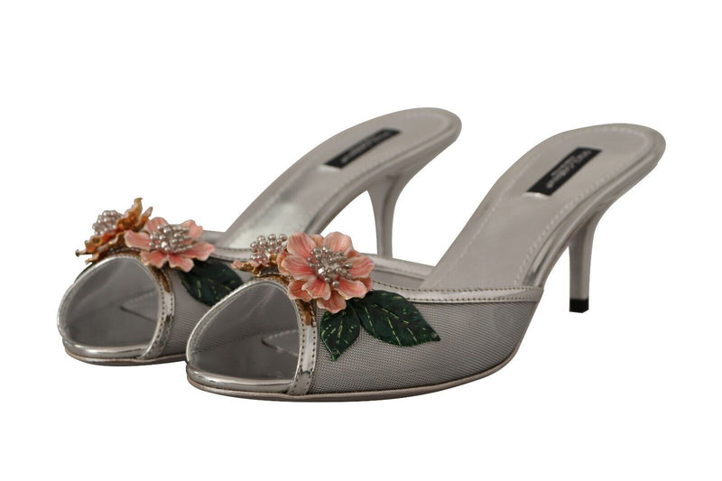 Silver Keira Leather Floral Slip On Sandals Shoes