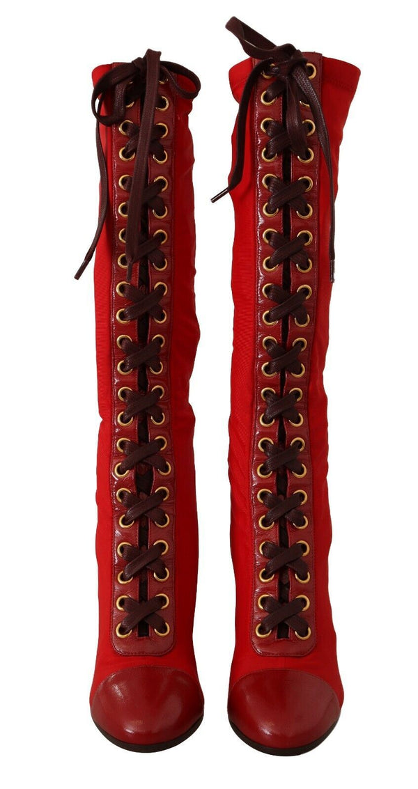 Red Stretch Lace Up Knee High Boots Shoes