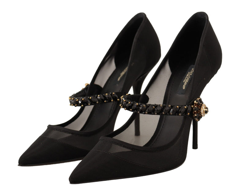 Black Mesh Cystals Heels Pumps Mary Jane Shoes