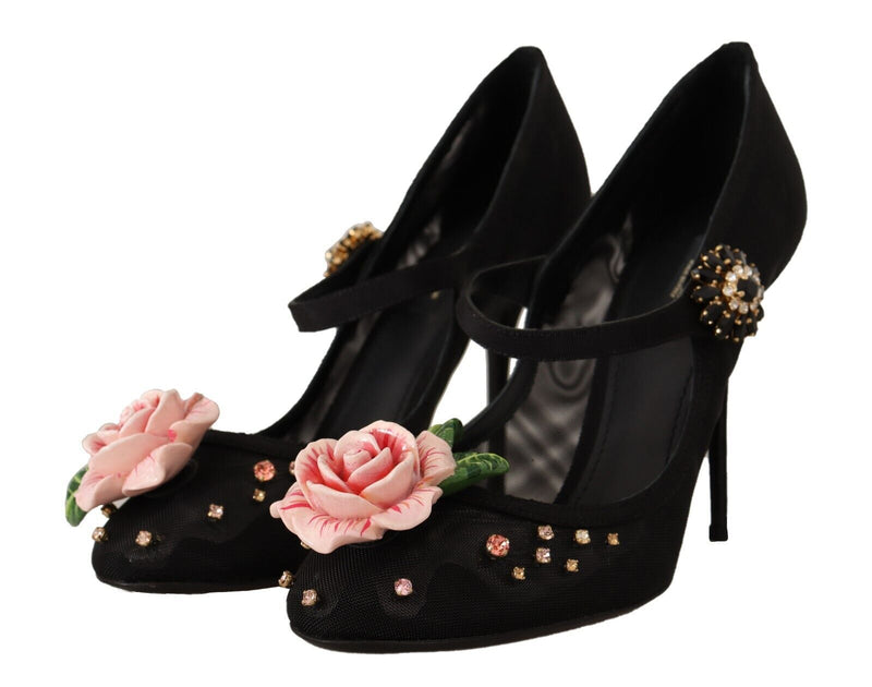 Black Mesh Embellished Pumps Mary Jane Shoes