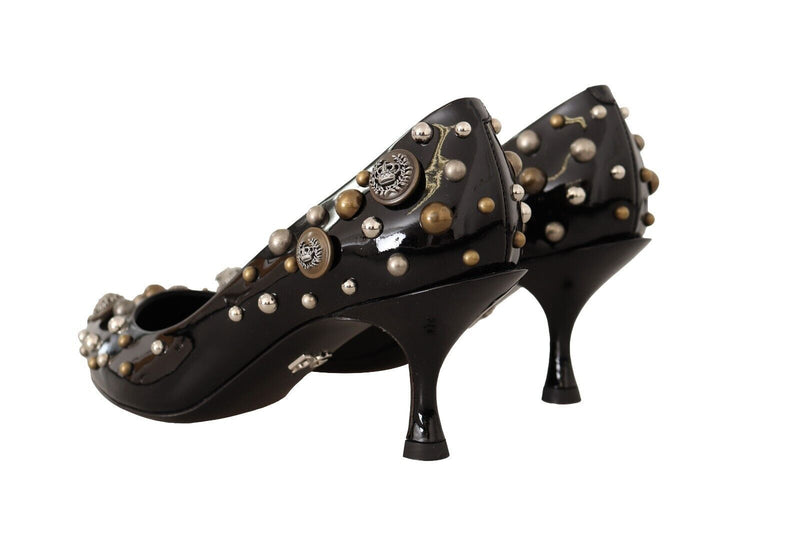 Black Ricamo Leather Studded Heels Pumps Shoes