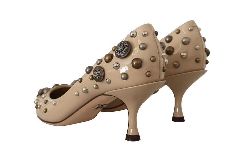 Beige Leather Button Studded Heels Pumps Shoes