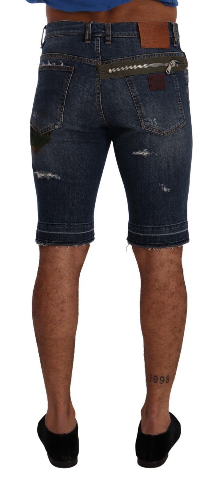 Dark Blue Tattered Cotton Stretch Denim Shorts