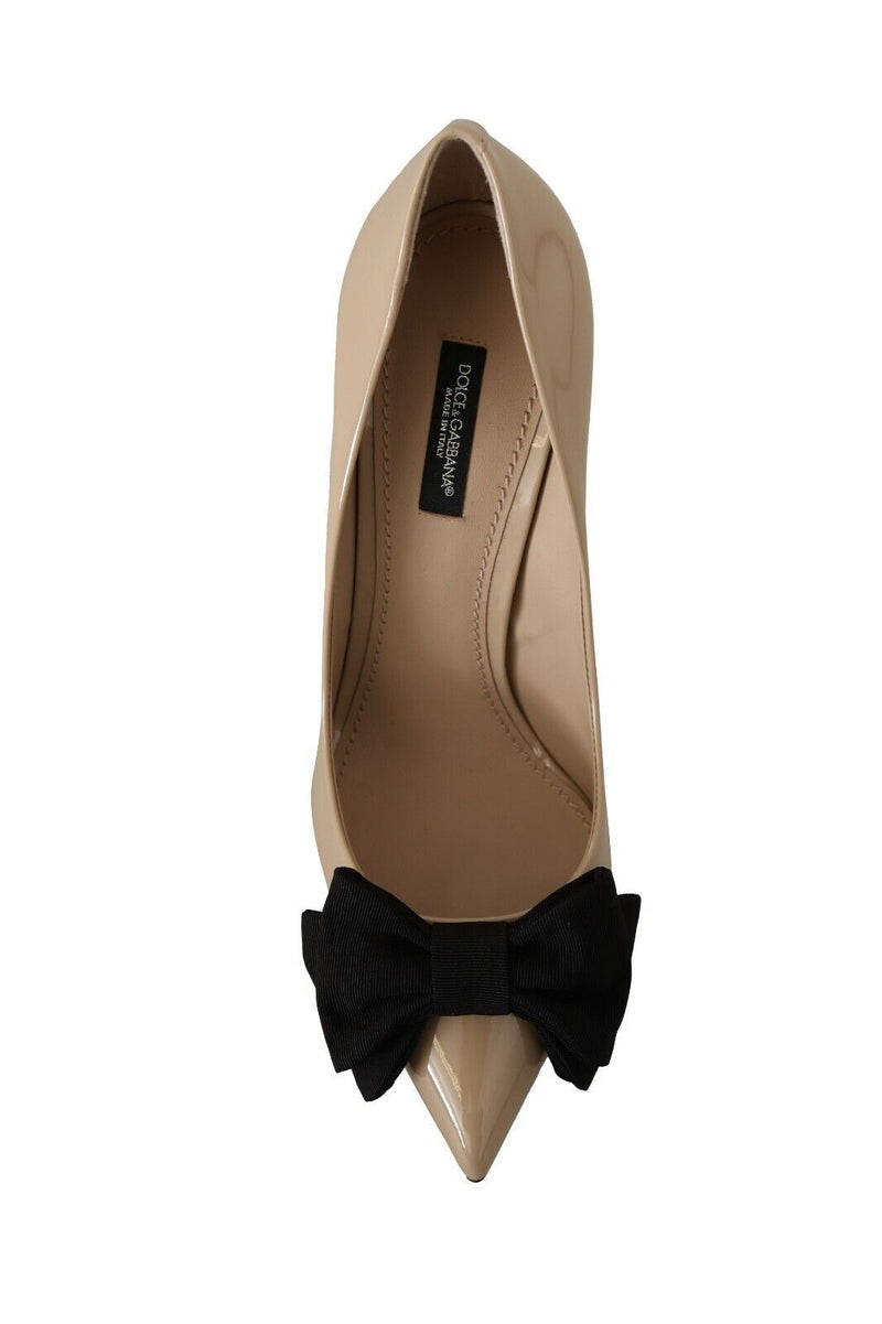 Beige Patent Leather Black Bow Heel Pumps Shoes