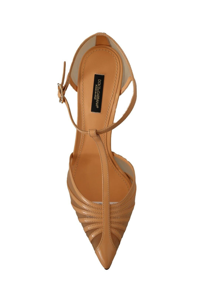 Peach Mesh Leather T-strap Heels Pumps Shoes