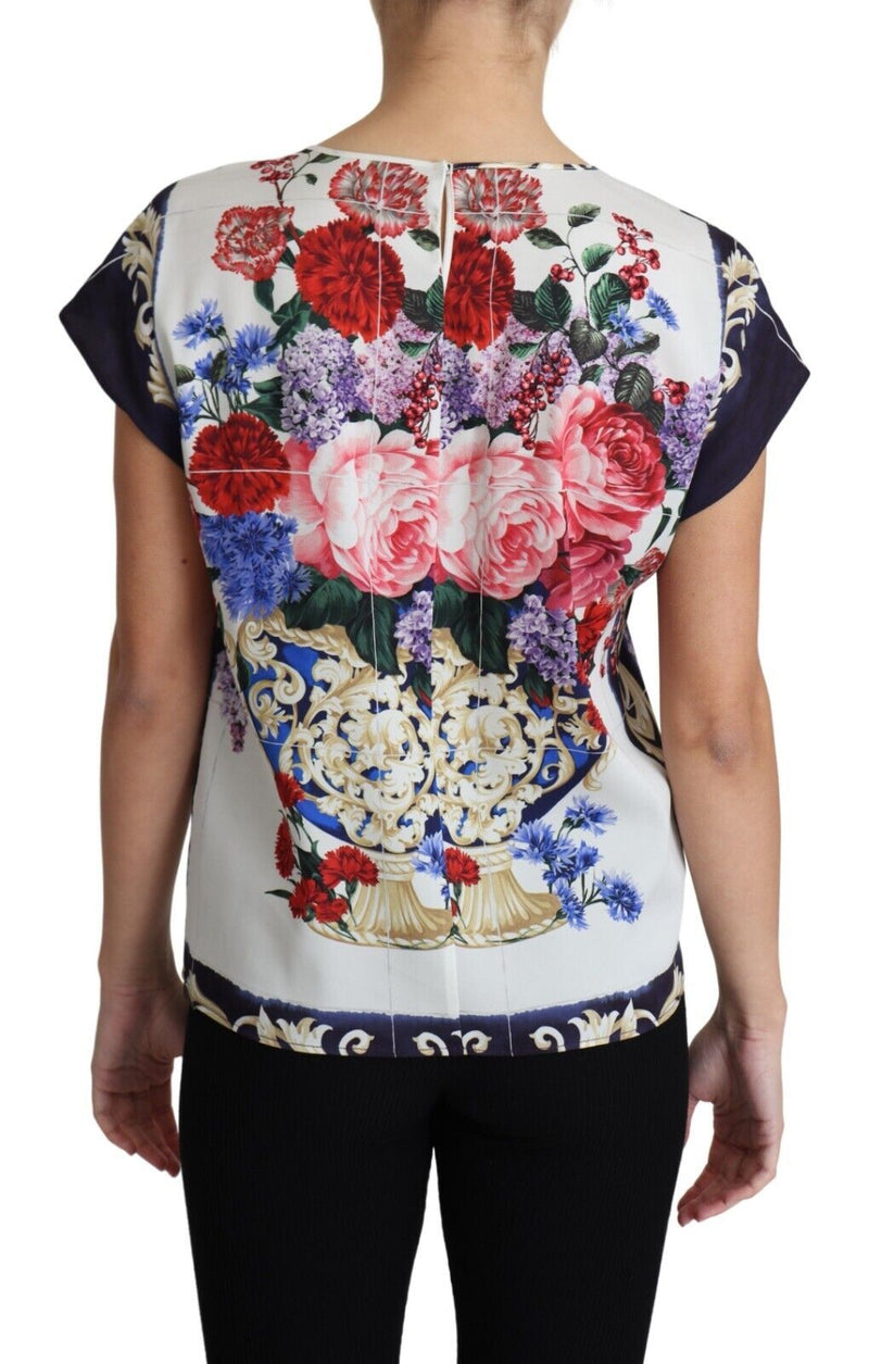 Multicolor Silk Flower Vase Short Sleeves Blouse Top