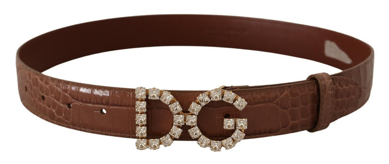 Brown Crocodile Print Leather Crystal Logo Buckle Belt