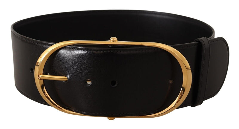 Black Leather Gold Metal Wide Waist Buckle Belt