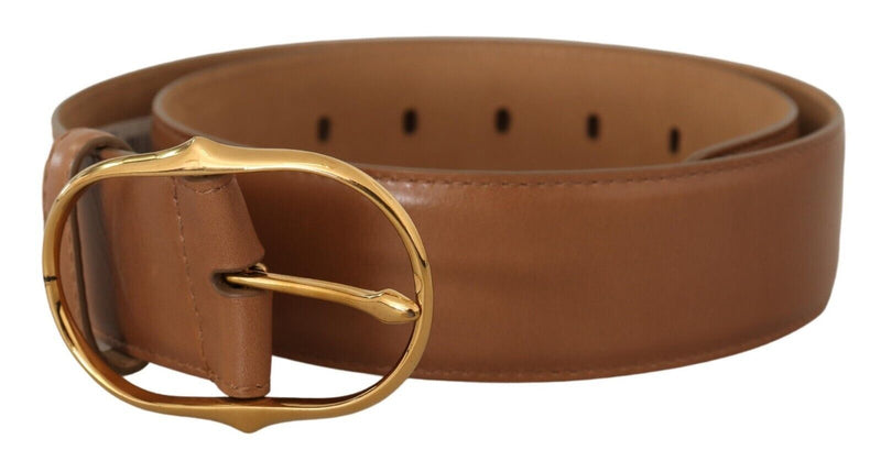 Brown Leather Gold Metal Oval Buckle Belt