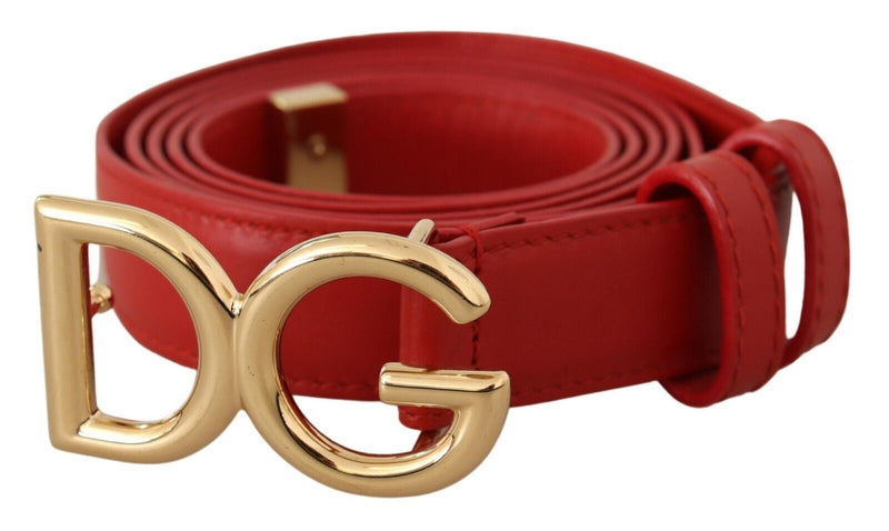 Red Leather Gold Metal Logo Buckle Belt