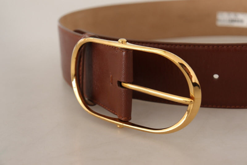 Brown Leather Gold Metal Oval Buckle Belt