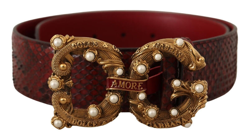 Red Exotic Leather Logo Buckle Amore Belt