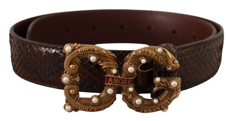 Brown Exotic Leather Logo Buckle Amore Belt