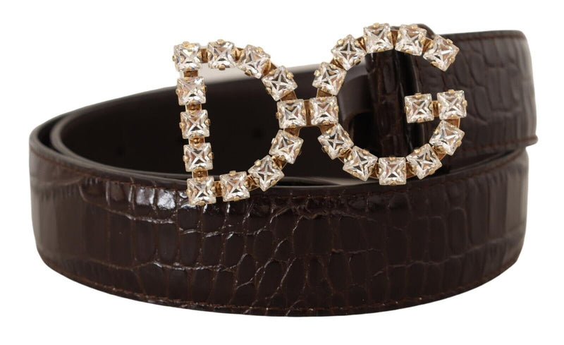 Brown Crocodile Print Leather Crystal Logo Buckle Belt