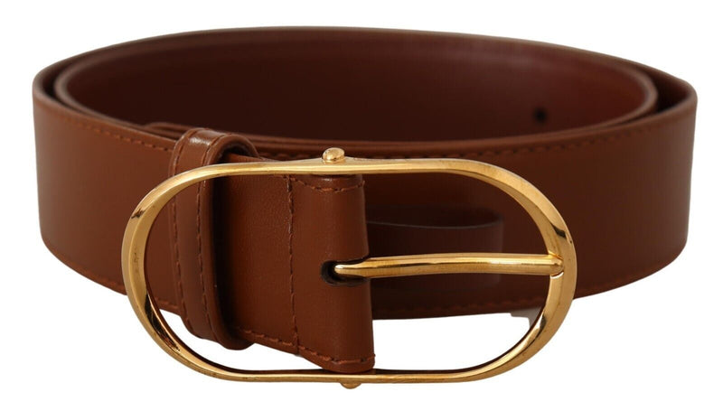 Brown Leather Gold Metal Oval Buckle Belt