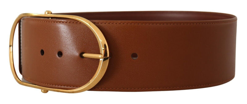 Brown Leather Gold Metal Oval Buckle Belt