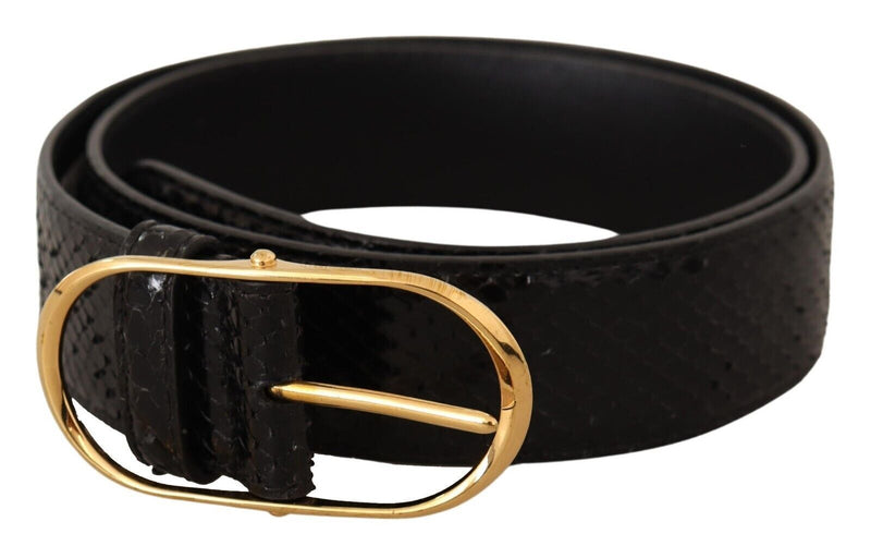 Black Exotic Leather Gold Metal Oval Buckle Belt