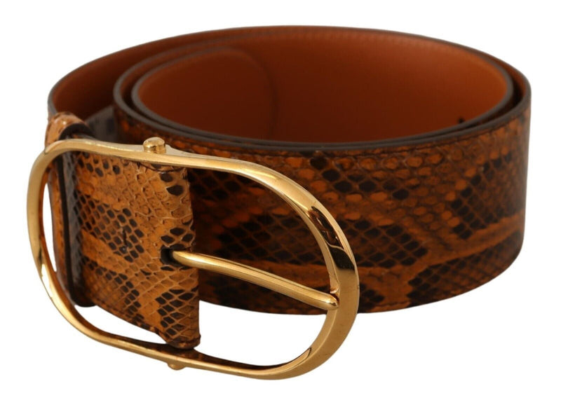 Brown Exotic Leather Gold Oval Buckle Belt