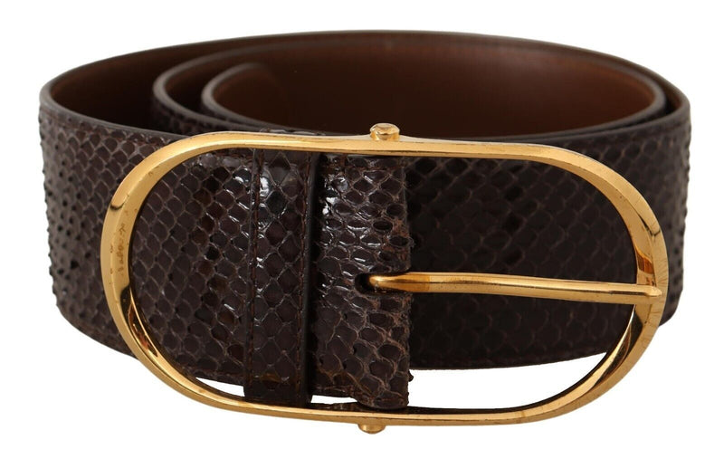 Brown Exotic Leather Gold Oval Buckle Belt