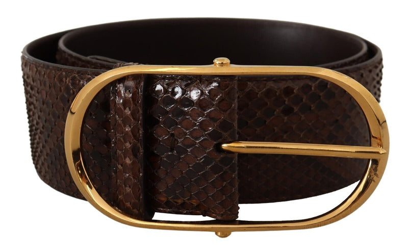 Brown Exotic Leather Gold Oval Buckle Belt