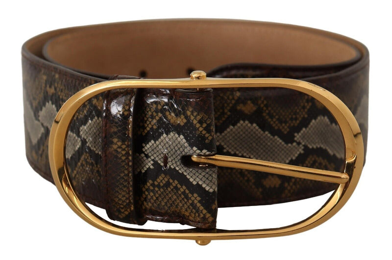 Brown Python Leather Gold Oval Buckle Belt