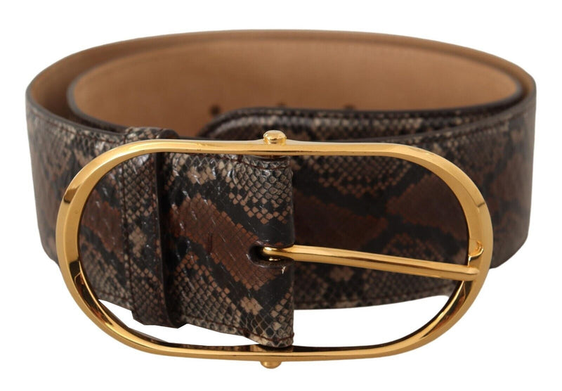 Brown Exotic Leather Gold Oval Buckle Belt