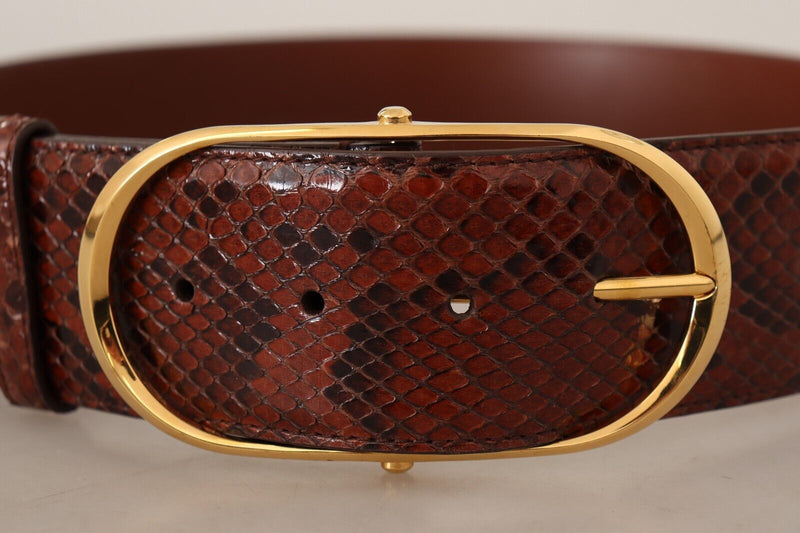 Brown Exotic Leather Gold Oval Buckle Belt