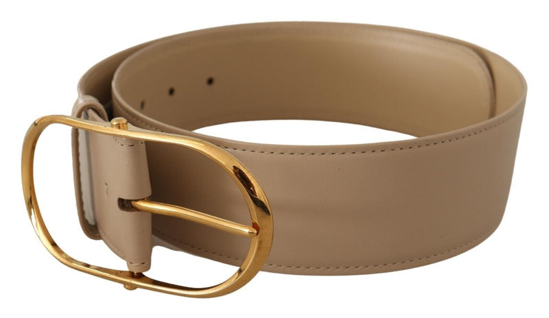 Beige Leather Gold Metal Oval Buckle Belt