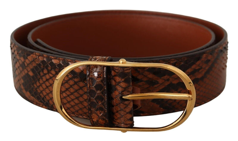 Brown Exotic Leather Gold Oval Buckle Belt