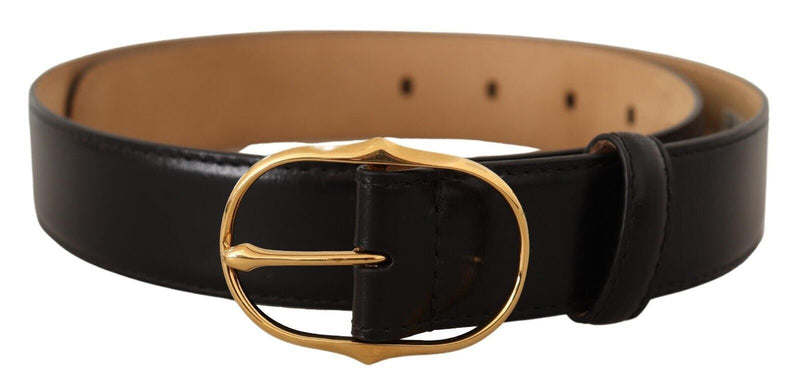 Black Leather Gold Metal Oval Buckle Belt