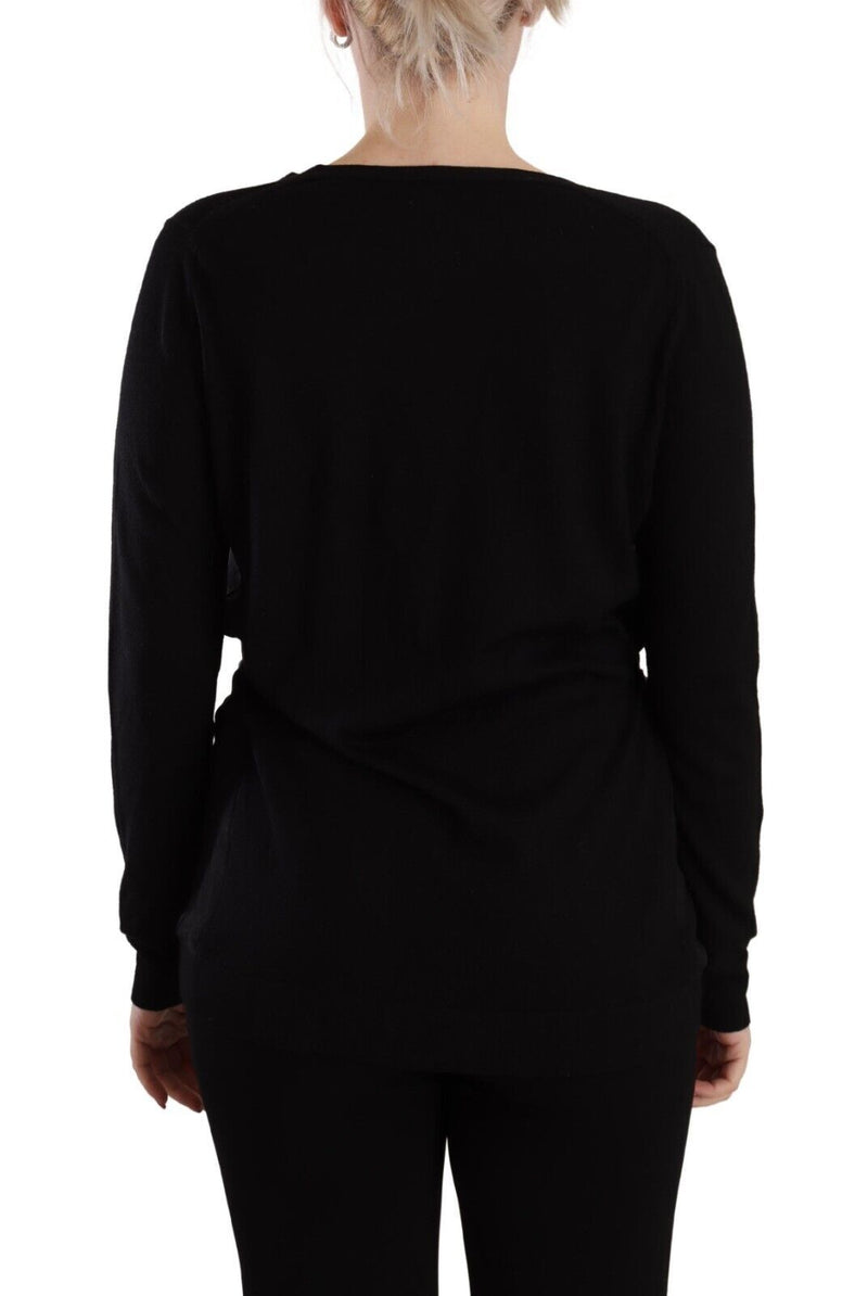 Black Wool V-neck Long Sleeves Pullover Top