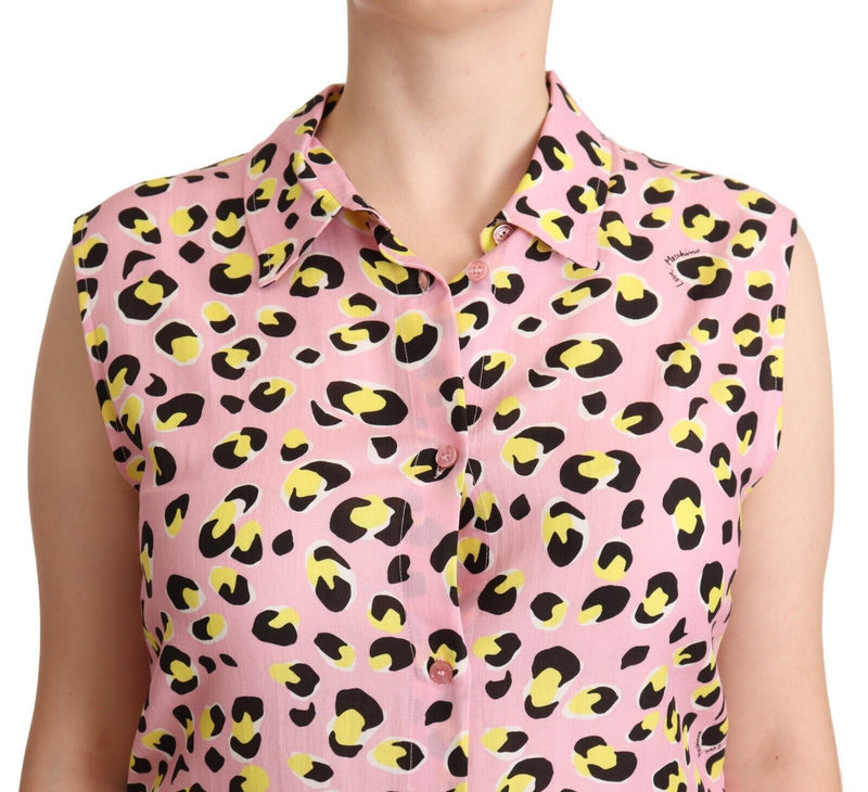 Pink Leopard Print Sleeveless Collared Polo Top