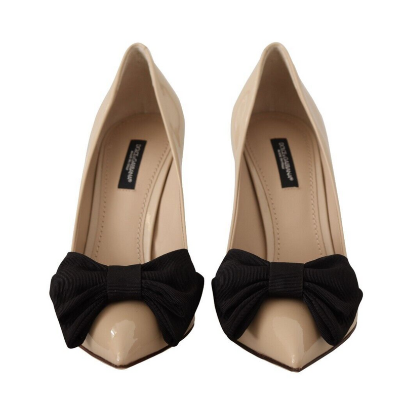 Beige Patent Leather Black Bow Heel Pumps Shoes