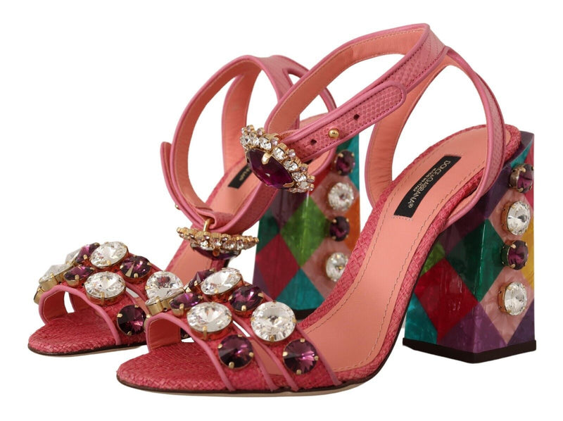 Pink Leather Crystal Block Heels Sandals Shoes