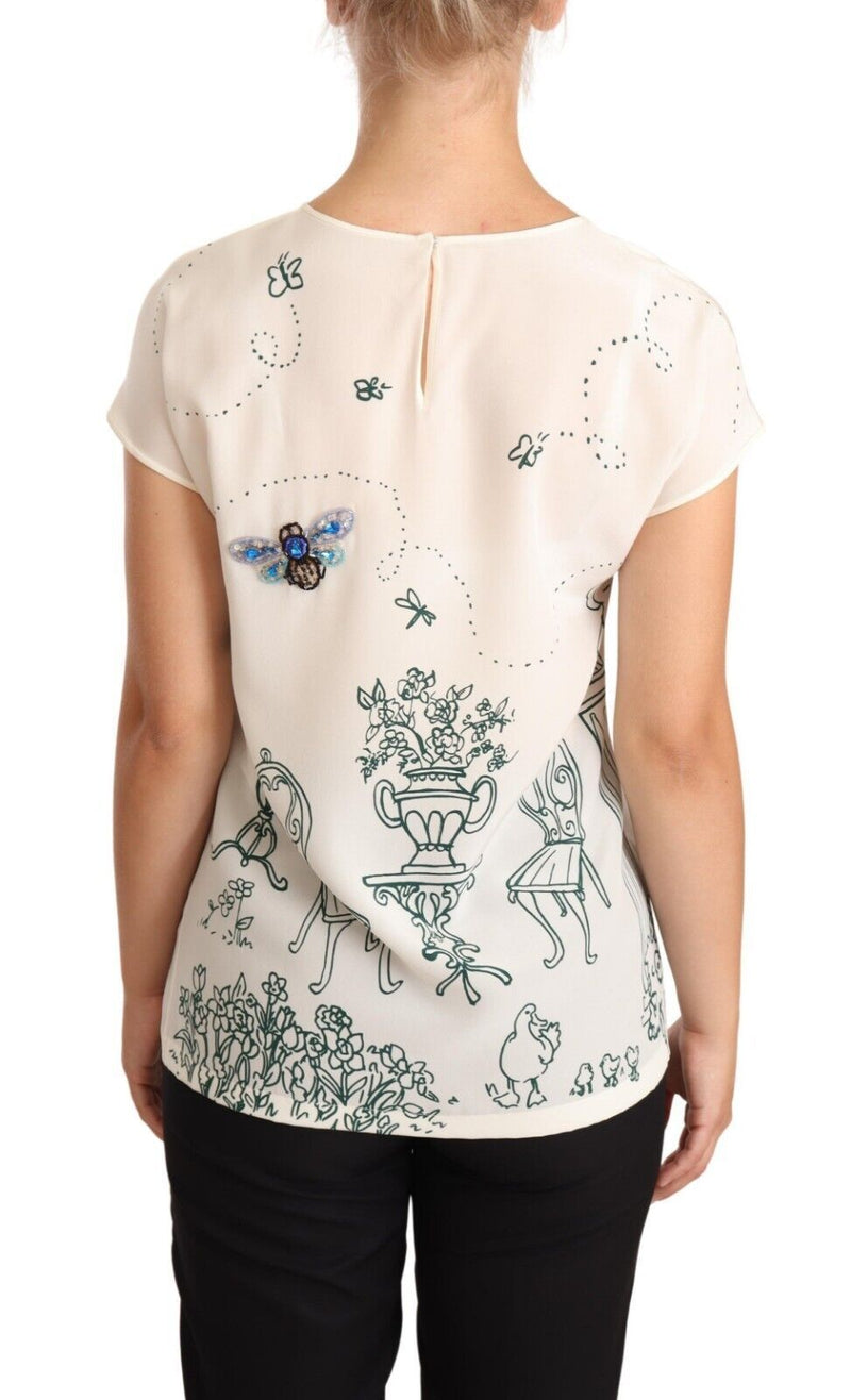 White Silk Garden Fountain T-Shirt Blouse