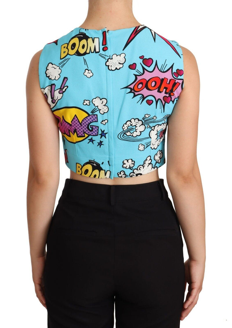 Blue Cartoon Cropped Tank Top Blouse